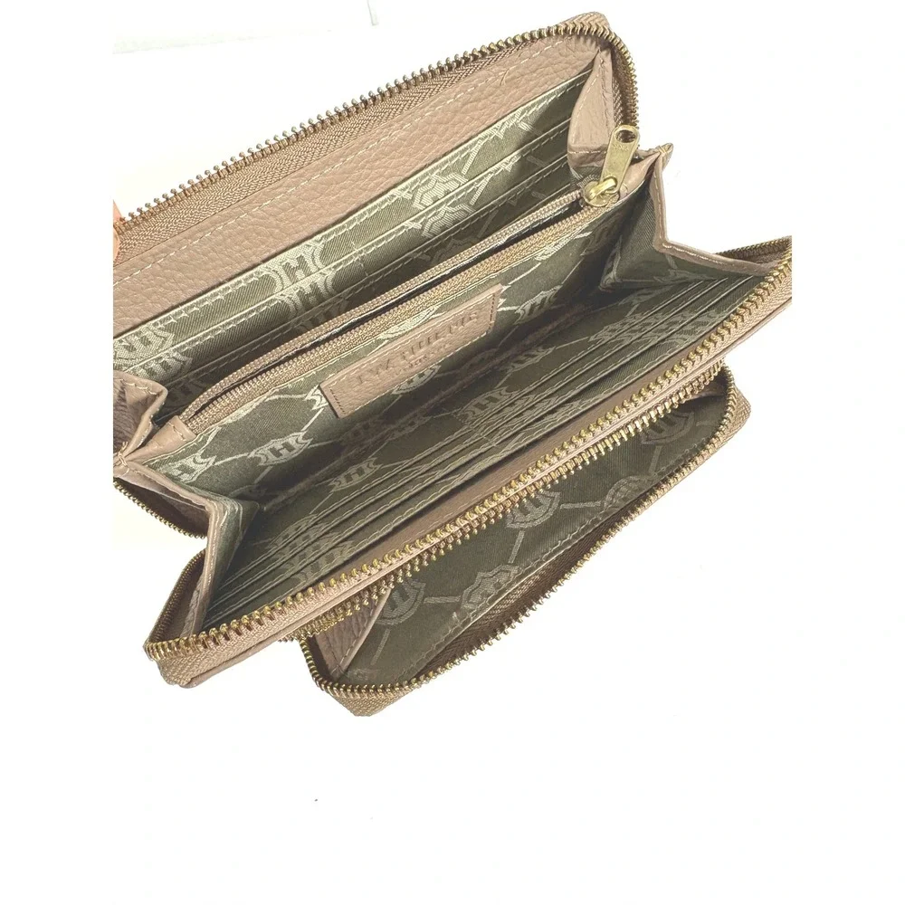 J.W. Hulme Co. Brown Pebbled Leather Horsebit Zip Around Wallet Pink Blue Stripe